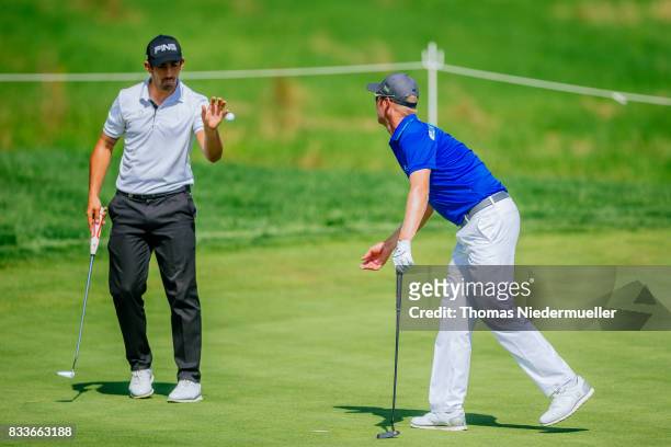 Mikko Ilonen of Finnland and Matthieu Pavon of France are seen at day one of the Saltire Energy Paul Lawrie Matchplay at Golf Resort Bad Griesbach on...