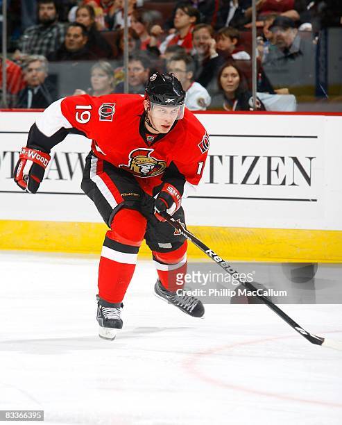 Jason Spezza of the Ottawa Senators skates during the game against the Phoenix Coyotes on October 17, 2008 at the Scotiabank Place in Ottawa,...