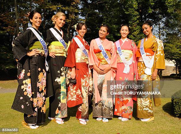 Clad in Japanese traditional kimonos, representatives for the Miss International Beauty Pageant 2008, L-R: Jessica Kahawaty of Lebanon, Elena...