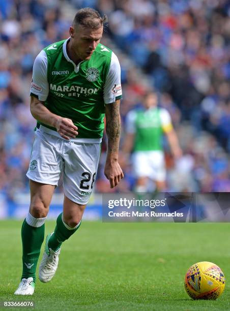 Anthony Stokes of Hibernian in action during the Ladbrokes Scottish Premiership match between Rangers and Hibernian at Ibrox Stadium on August 12,...