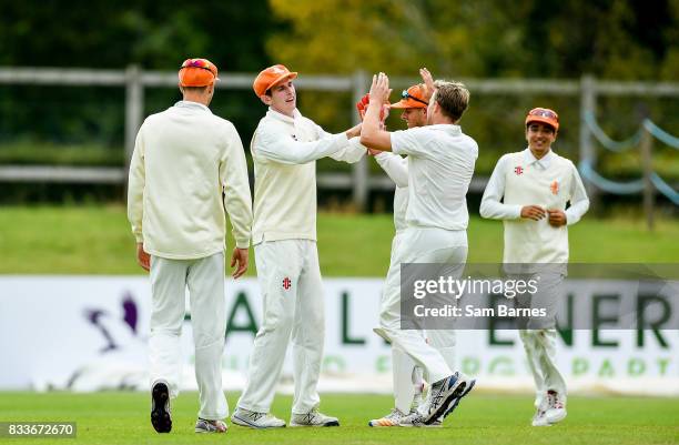 Dublin , Ireland - 17 August 2017; Fred Klaasen of Netherlands, second from left, celebrates with team mates after catching out Ed Joyce of Ireland...