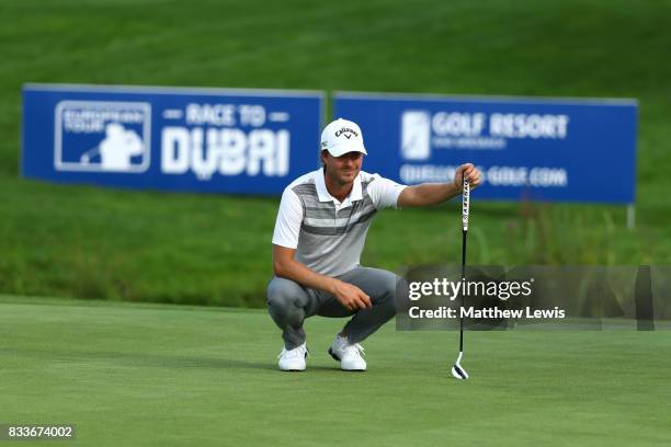 Jens Fahrbring of Sweden lines up a putt on the 17th green during round one of the Saltire Energy Paul Lawrie Matchplay at Golf Resort Bad Griesbach...