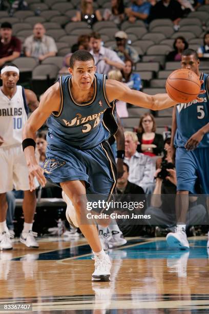 JaVale McGee of the Washington Wizards drives the ball up court during the preseason game against the Dallas Mavericks on October 7, 2008 at the...