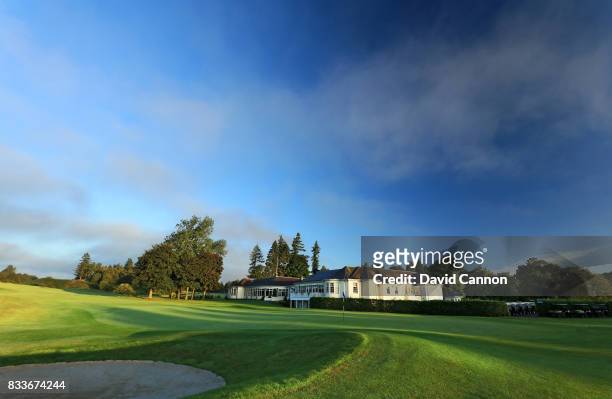 View of the green on the 412 yards, par 4, 18th hole on the Queen's Course with the Dormy Clubhouse at The Gleneagles Hotel on August 9, 2017 in...