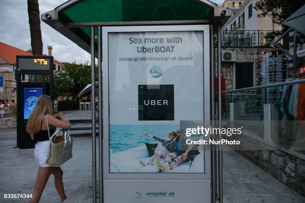 An abri at a bus stop in the old center of Dubrovnik is seen advertising UberBOAT a service using the popular Uber app which allows persons to share...