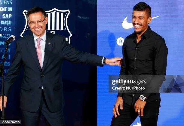 Josep Maria Bartomeu, president of FC Barcelona, during the presentation of Paulinho as new player of FC Barcelona, in Barcelona, on August 17, 2017....