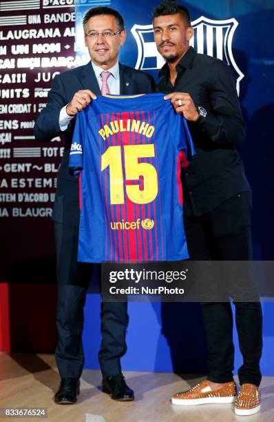 Josep Maria Bartomeu, president of FC Barcelona, during the presentation of Paulinho as new player of FC Barcelona, in Barcelona, on August 17, 2017....