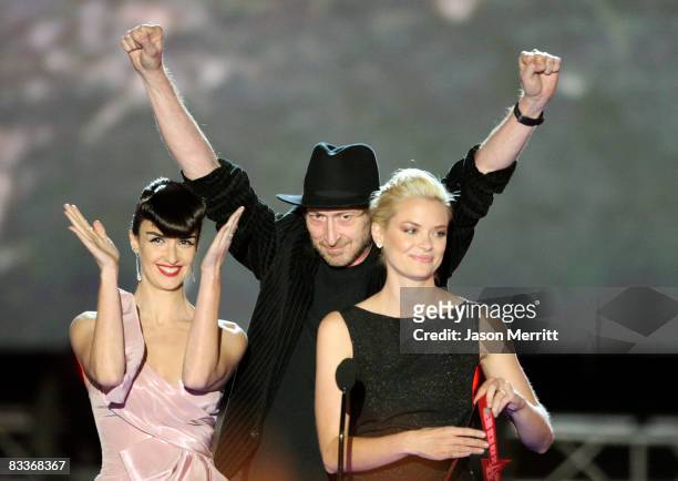 Actresses Paz Vega and Jaime King with writer/director Frank Miller onstage at SPIKE TV's "Scream 2008" Awards held at the Greek Theatre on October...