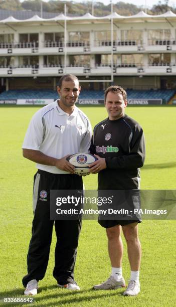 Bath's new signing Chev Walker poses for the media with acting head coach Steve Meehan during a photo call at the Recreation Ground in Bath.