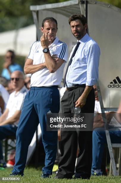 Head coach of Juventus Massimiliano Allegri speaks to Juventus president Andrea Agnelli during the pre-season friendly match between Juventus A and...