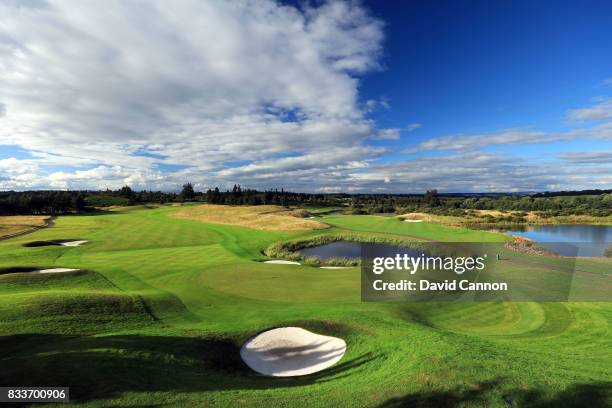 View from behind the green on the 516 yards par 5, second hole with teh par 5, ninth hole behind in the distance on the PGA Centenary Course at The...