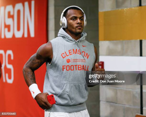 Quarterback Deshaun Watson of the Clemson Tigers warms-up with a pair of Beats Headphones on before the start of the 2017 College Football Playoff...