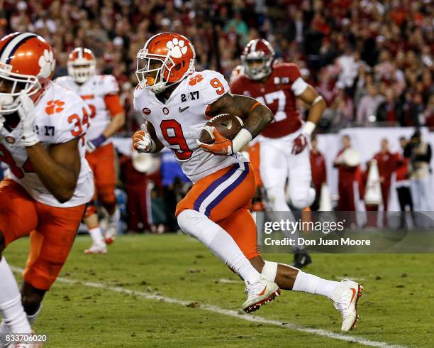 Runningback Wayne Gallman of the Clemson Tigers on a running play during the 2017 College Football Playoff National Championship Game against the...