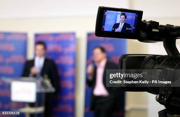 Shadow Chancellor George Osborne is filmed listening to a question from a member of the press after giving a speech on 'The emerging battle for...