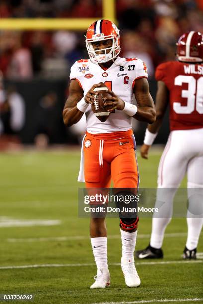 Quarterback Deshaun Watson of the Clemson Tigers warms-up before the start of the 2017 College Football Playoff National Championship Game against...