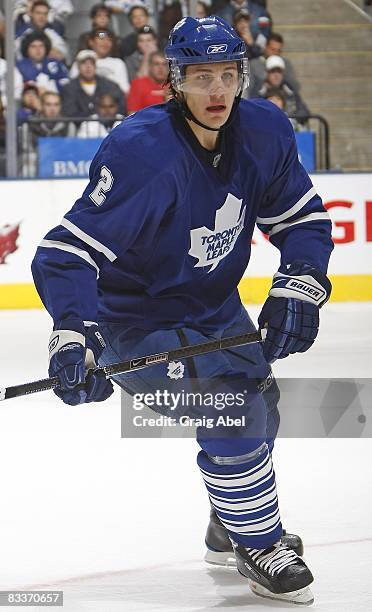 Luke Schenn of the Toronto Maple Leafs skates against the St. Louis Blues on October 13, 2008 at the Air Canada Centre in Toronto, Ontario, Canada.