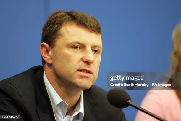 Gerry McCann at a press conference in Berlin, on the first leg of their 2 stop tour which also takes in Amsterdam.
