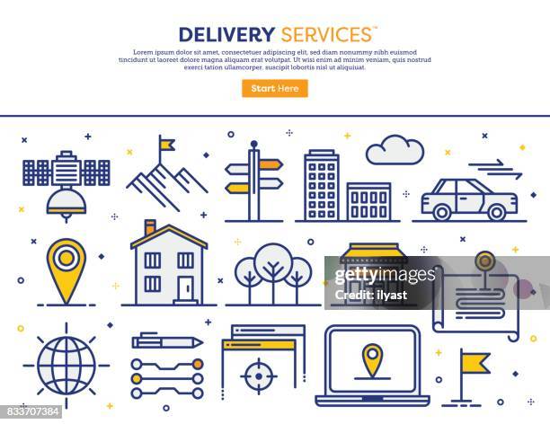 stockillustraties, clipart, cartoons en iconen met delivery services-concept - vlag plaatsen