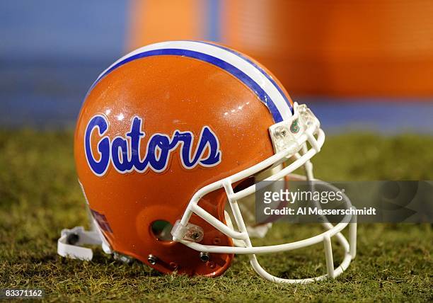 Helmet of the Florida Gators is on the sidelines against the LSU Tigers at Ben Hill Griffin Stadium on October 11, 2008 in Gainesville, Florida.