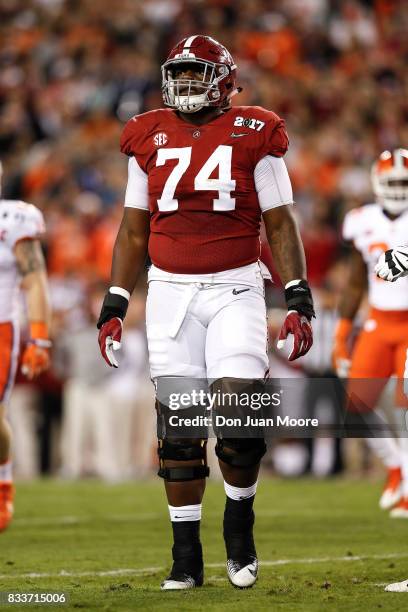 Tackle Cam Robinson of the Alabama Crimson Tide during the 2017 College Football Playoff National Championship Game against the Clemson Tigers at...