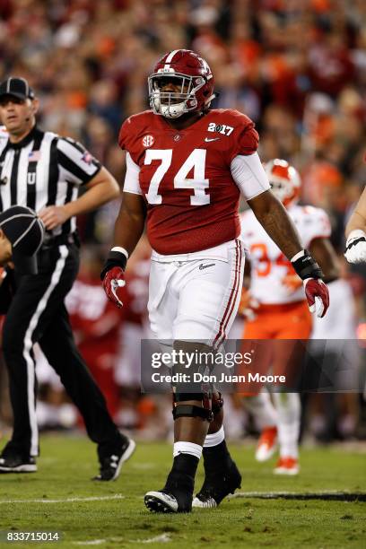 Tackle Cam Robinson of the Alabama Crimson Tide during the 2017 College Football Playoff National Championship Game against the Clemson Tigers at...