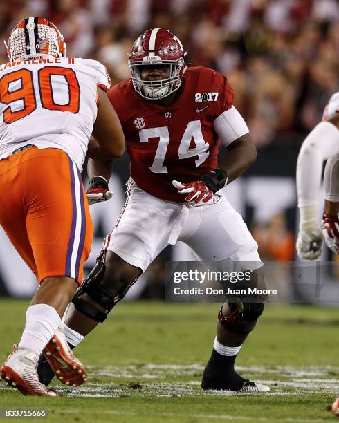 Tackle Cam Robinson of the Alabama Crimson Tide during the 2017 College Football Playoff National Championship Game against the Clemson Tigers at...