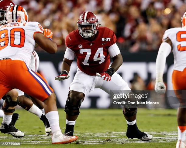 Tackle Cam Robinson of the Alabama Crimson Tide during the 2017 College Football Playoff National Championship Game against the Clemson Tigers at...