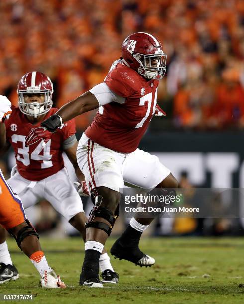 Tackle Cam Robinson of the Alabama Crimson Tide during the 2017 College Football Playoff National Championship Game against the Clemson Tigers at...