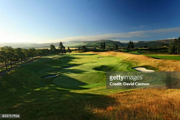View from behind the green on the 513 yards par 5, 18th hole on the PGA Centenary Course at The Gleneagles Hotel on August 7, 2017 in Auchterarder,...