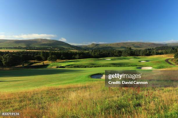 View of the approach to the green on the 543 yards par 5, 16th hole on the PGA Centenary Course at The Gleneagles Hotel on August 7, 2017 in...