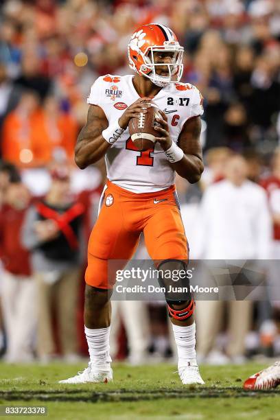 Quarterback Deshaun Watson of the Clemson Tigers on a passing play during the 2017 College Football Playoff National Championship Game against the...