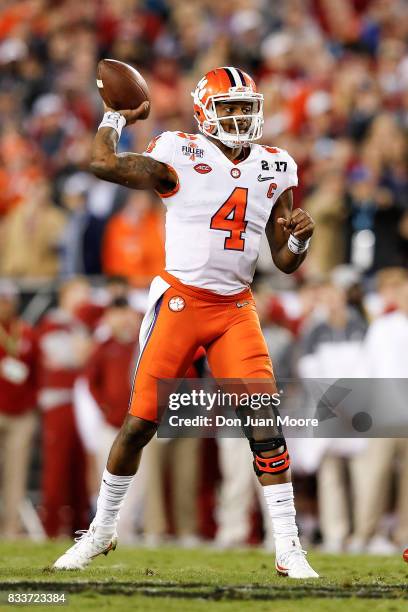Quarterback Deshaun Watson of the Clemson Tigers on a passing play during the 2017 College Football Playoff National Championship Game against the...