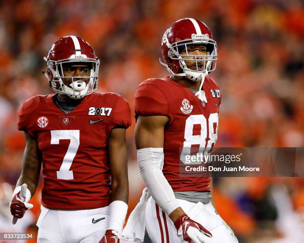 Wide Receiver Trevon Diggs and Tight End O.J. Howard of the Alabama Crimson Tide during the 2017 College Football Playoff National Championship Game...