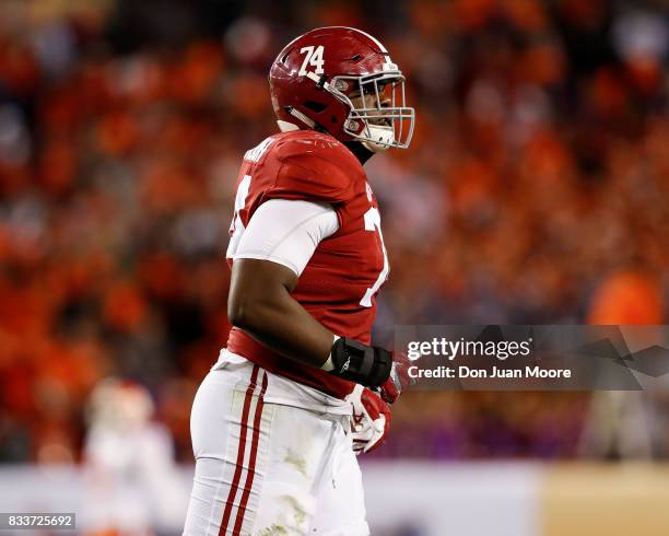 Tackle Cam Robinson of the Alabama Crimson Tide during the 2017 College Football Playoff National Championship Game against the Clemson Tigers at...