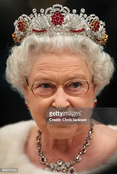 Queen Elizabeth II attends a state banquet at Brdo Castle on the first day of a two day tour of Slovenia on October 21, 2008 in Ljubljana, Slovenia....