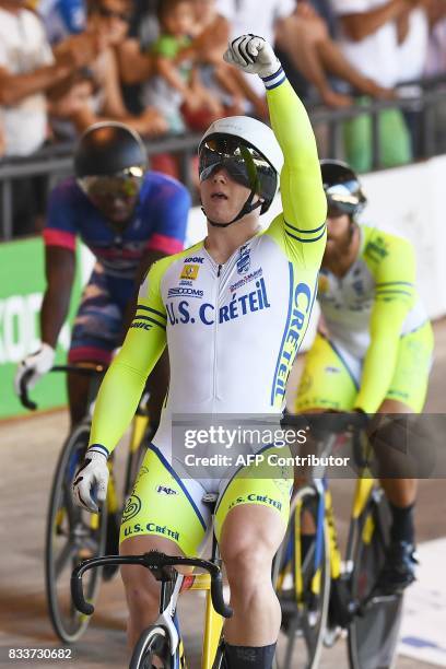 French Sebastien Vigier celebrates after winning the men's Elite Keirin event at the French National Track Cycling Championships on August 17, 2017...