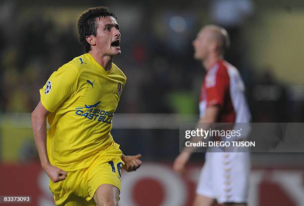 Villarreal's Joseba Llorente celebrates scoring against Aalborg during their group E Champions League football match at the Madrigal Stadium in...