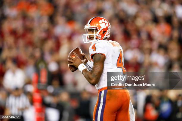 Quarterback Deshaun Watson of the Clemson Tigers on a passing play during the 2017 College Football Playoff National Championship Game against the...