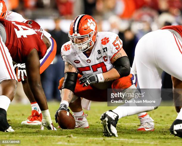 Center Jay Guillermo of the Clemson Tigers during the 2017 College Football Playoff National Championship Game against the Alabama Crimson Tide at...