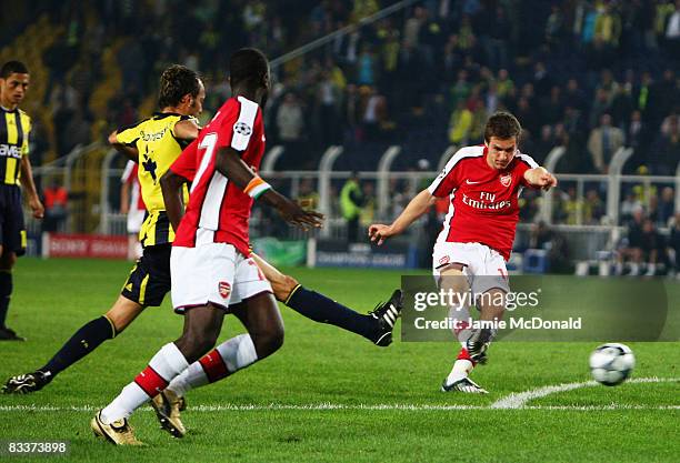 Aaron Ramsey scores for Arsenal during the UEFA Champions League, Group G match between Fenerbahce and Arsenal at the Sukru Saracoglu Stadium on...