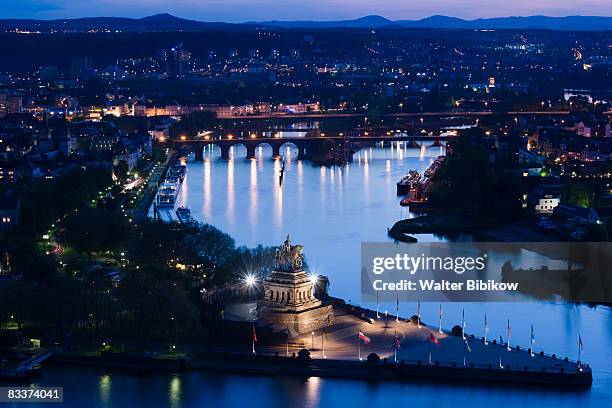 germany, rheinland-pfaltz, koblenz, deutsches eck  - deutsches eck stock pictures, royalty-free photos & images