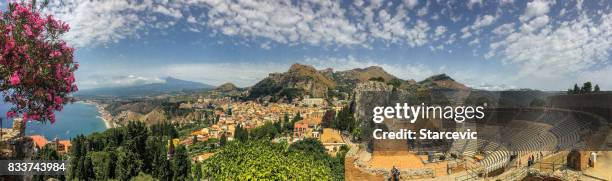 beautiful panoramic view of taormina, sicily - etna stock pictures, royalty-free photos & images