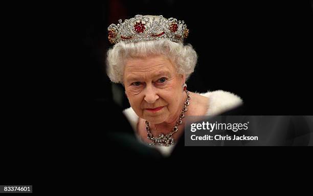 Queen Elizabeth II attends a state banquet at Brdo Castle on the first day of a two day tour of Slovenia on October 21, 2008 in Ljubljana, Slovenia....