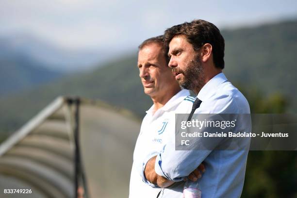 President of Juvents Andrea Agnelli and head coach of Juventus Massimiliano Allegri look on during the pre-season friendly match between Juventus A...