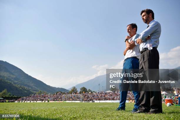 President of Juvents Andrea Agnelli and head coach of Juventus Massimiliano Allegri look on during the pre-season friendly match between Juventus A...