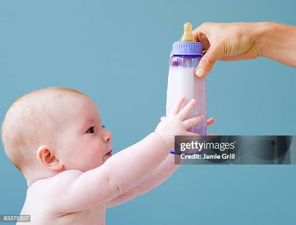 baby reaching for bottle of milk from mother - baby bottle ストックフォトと画像