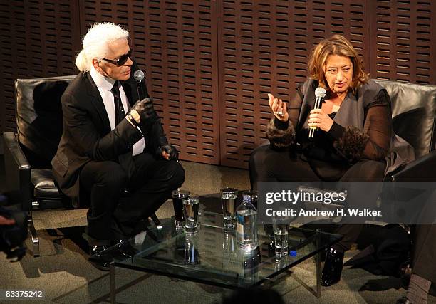 Artistic Director of CHANEL Karl Lagerfeld and architect Zaha Hadid attend a press conference with Karl Lagerfeld and Zaha Hadid for CHANEL Mobile...