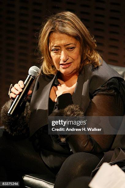 Architect Zaha Hadid attends a press conference with Karl Lagerfeld and Zaha Hadid for CHANEL Mobile Art at the Museum of Modern Art on October 21,...