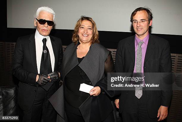 Artistic Director of CHANEL Karl Lagerfeld, architect Zaha Hadid and MoMA Architecture and Design Curator Barry Bergdoll attend a press conference...