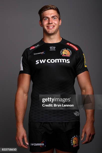 Toby Salmon of Exeter Chiefs poses for a portrait during the Exeter Chiefs squad photo call for the 2017-2018 Aviva Premiership Rugby season on...
